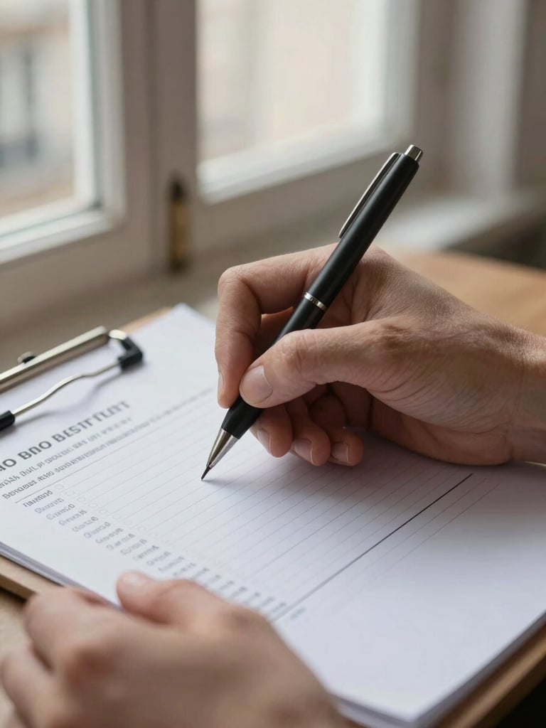 Close-up of hands writing on a clipboard, a printed moving estimate visible under natural window light in a Parisian apartment, pen tip touching a line item on the quote