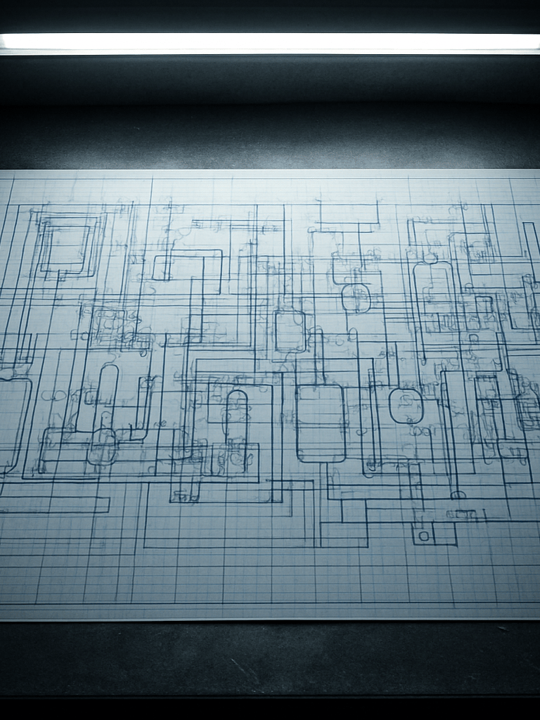 Extreme close-up of a detailed industrial operations blueprint pinned flat on a steel work surface under harsh cool white overhead fluorescent light, grid lines and notation marks crisp, no people, high contrast shadows at the edges of the paper