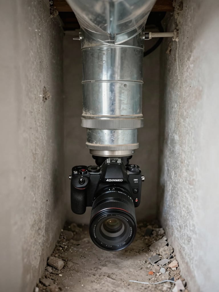 Close-up shot from inside a residential duct, camera facing down a rectangular metal ventilation shaft, natural task lighting revealing accumulated grey dust and debris on the duct walls, South Shore Montreal home mechanical room context visible at the far end