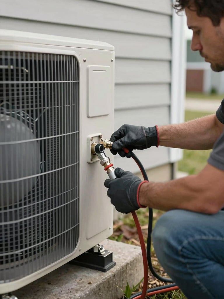 Close-up of a technician's gloved hands connecting refrigerant lines on an exterior heat pump unit mounted on a South Shore home's side wall, mid-morning natural daylight, concrete foundation visible below, residential siding in background