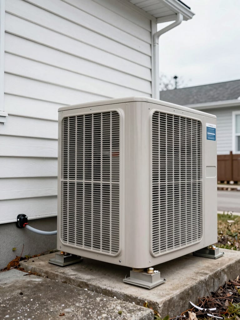 Close-up wide shot from low angle — exterior heat pump unit mounted on a concrete pad beside a South Shore Montreal residential home, white vinyl siding visible left edge, overcast natural daylight, unit refrigerant lines running into wall, frost-free grille in sharp focus