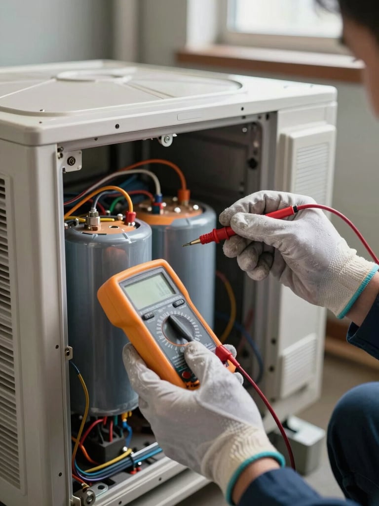 Close-up of a technician's gloved hands using a multimeter to test the capacitor inside an open central air conditioning unit in a South Shore Montreal basement, task lighting illuminating the components, natural light from a small window in background, wiring and clean internals clearly visible
