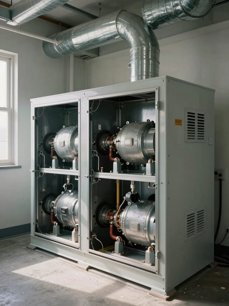 Wide environmental shot of a clean residential mechanical room on the South Shore, furnace with open access panel showing tidy internals, ductwork overhead, concrete floor, north-facing window light casting soft shadows across the equipment