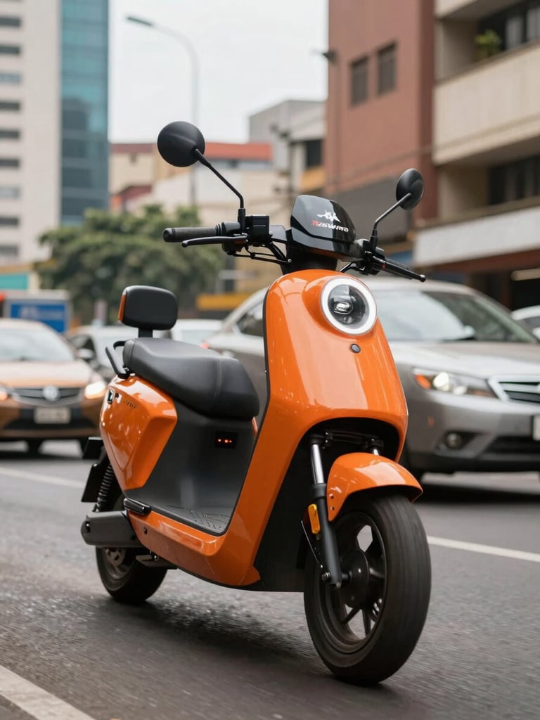 Low-angle dynamic shot of a sleek orange Kenwing electric scooter navigating Nairobi traffic, bright daylight, vibrant city background.