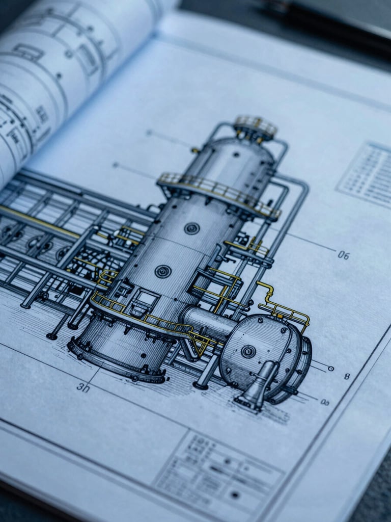 Macro technical detail of architectural blueprints for an industrial processing plant, illuminated by cool blue-toned studio lighting, sharp focus on structural lines.