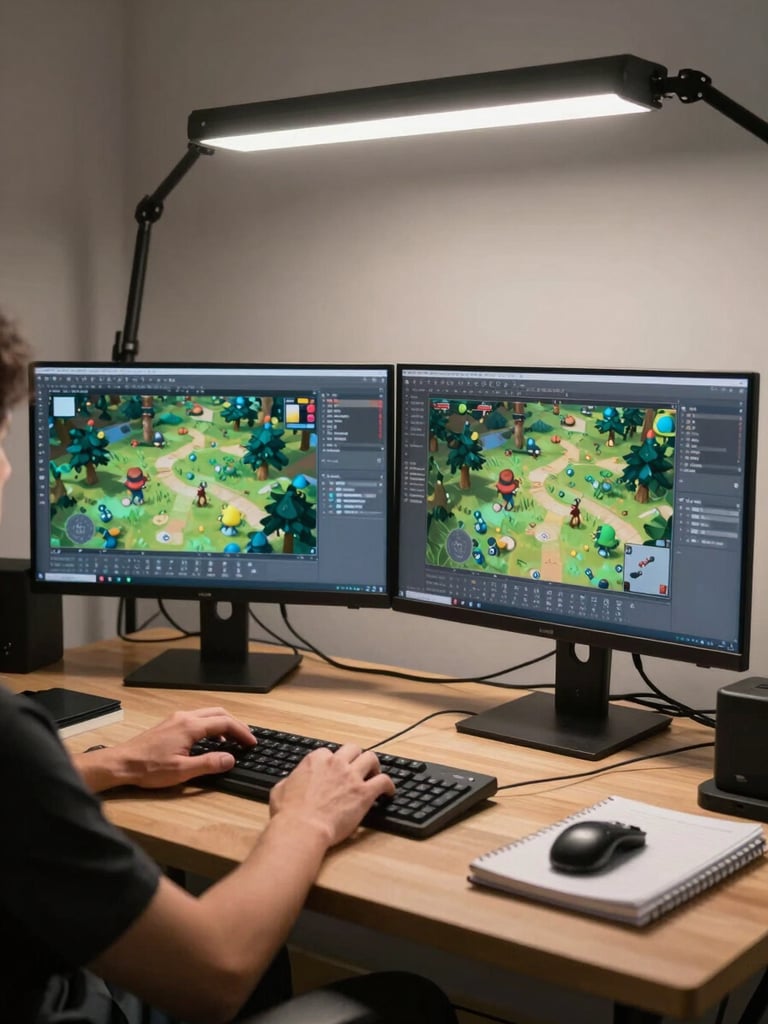 Wide documentary shot of a small studio workspace — two monitors showing game level geometry mid-build, hands resting on keyboard, available overhead light, cables and notebooks on the desk, no faces visible, honest and unposed