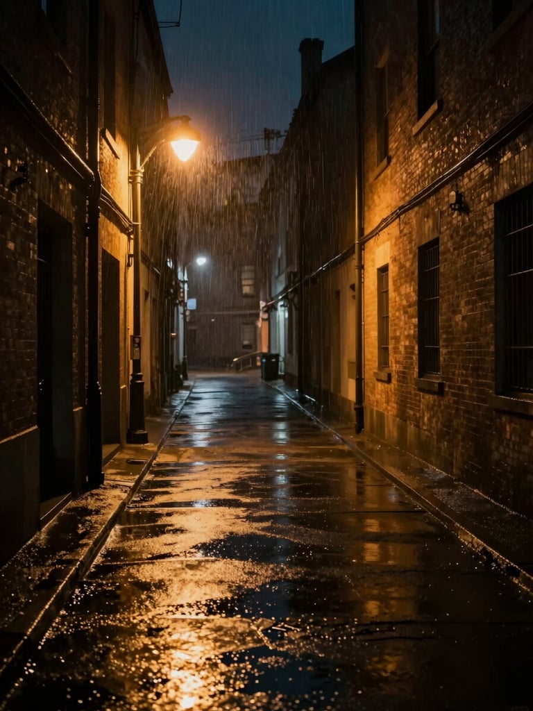Wide environmental game screenshot at native resolution — a rain-soaked alleyway at night, amber street lamp casting long shadows on wet pavement, empty frame, in-game lighting untouched, cinematic stillness