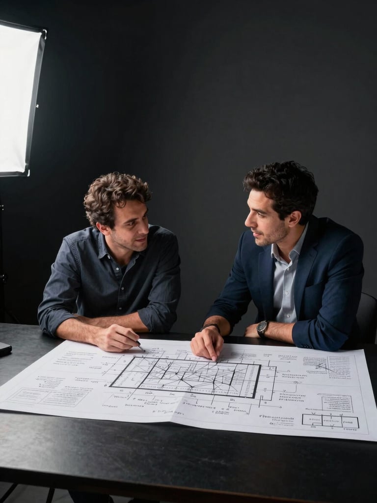 Wide environmental shot, left-side bleed, matte black desk surface in the foreground, Fernando and Diego mid-conversation leaning over a large printed strategic plan marked with handwritten notes, controlled studio strobe lighting from above-left casting sharp shadows that keep the matte black background deep, no smiles — focused operators at work, medium shot captured mid-sentence