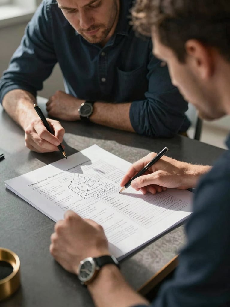 Medium shot of two men seated at a dark desk reviewing a printed strategic plan covered in handwritten annotations, one man pointing to a specific line item while the other takes notes, controlled north-facing daylight from the left casting clean shadows across the document surface, metallic gold desk accessories catching the light at the frame edge, captured mid-conversation not posed