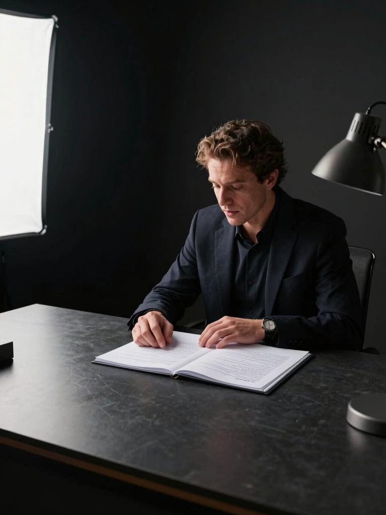 Wide environmental shot, left-to-right: a founder in a dark blazer seated at a large matte-black desk, leaning forward mid-conversation, hands resting on an open strategic document with handwritten margin notes; controlled studio strobe light from the left casting sharp shadows; matte black background; metallic desk lamp arm visible upper-right; no eye contact with camera, fully absorbed in the work