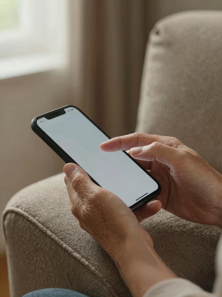 Close-up portrait framing of an older person's hands holding a smartphone on a fabric armchair armrest, soft warm interior window light from the upper left, fingers poised mid-tap on the screen, natural home setting visible softly out of focus in the background