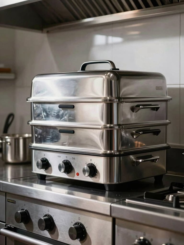 Gleaming professional stainless steel kitchen equipment, modern combi-steamer, sharp metallic reflections, high-contrast dramatic lighting, clean lines, 35mm