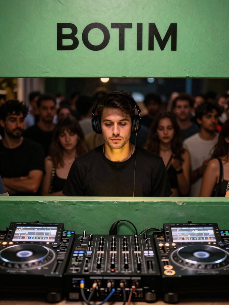 BOTIM behind the DJ booth at Seo Rosa — shot from a low angle below the booth ledge, green booth lighting catching the underside of his jaw, CDJs and mixer in the foreground in sharp focus, the crowd a dark kinetic blur beyond