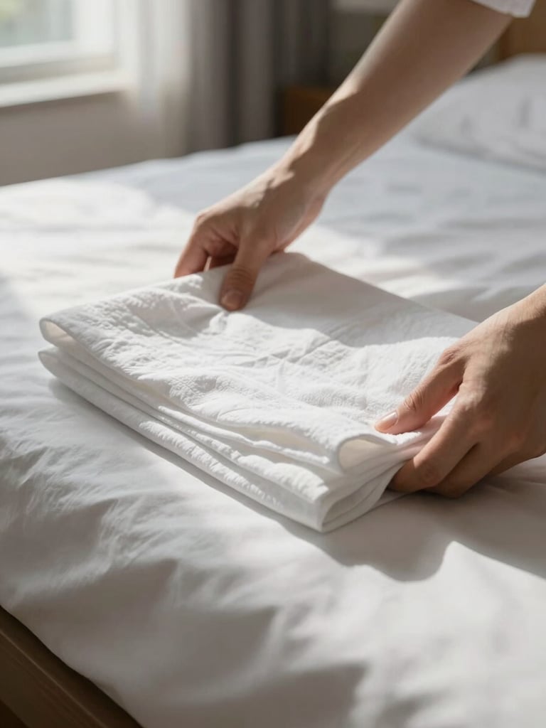 Close-up of hands folding fresh white linen on a neatly made bed, soft natural window light falling across the fabric, a tidy bedroom interior visible in soft focus behind