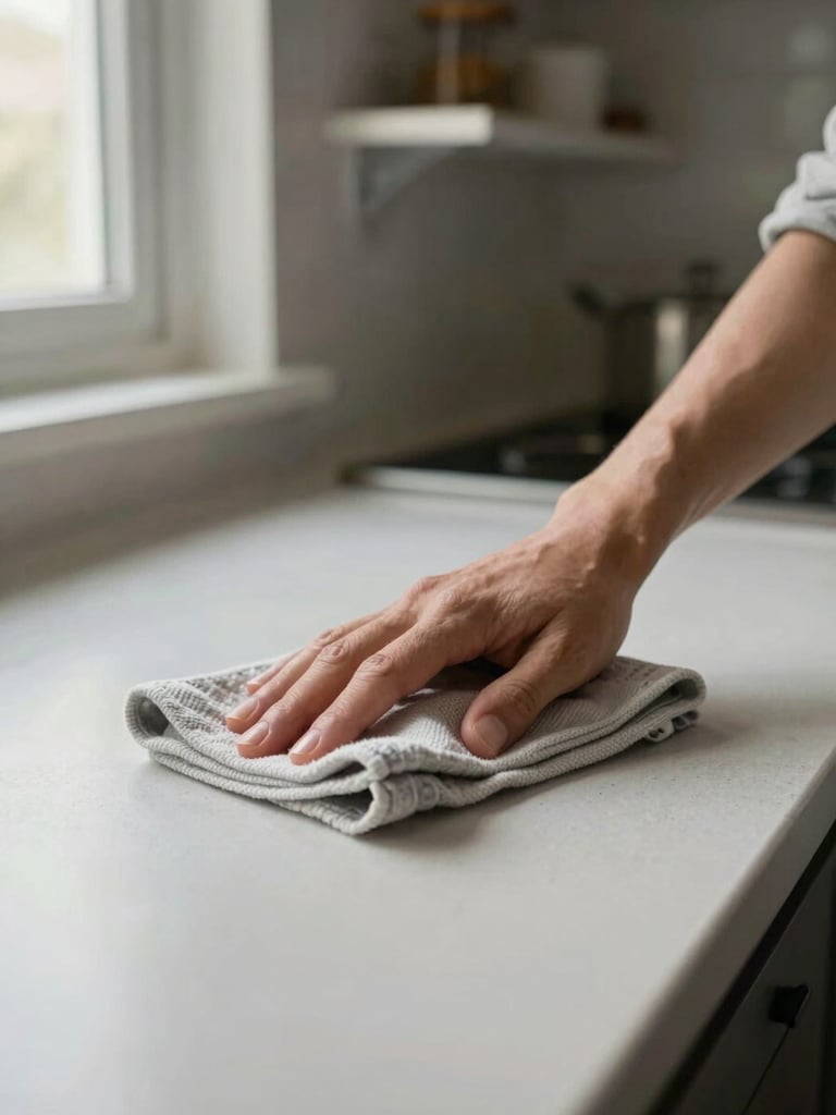 Hands wiping a kitchen countertop with a folded cloth, natural light from a nearby window, clean open shelving visible in the background, warm domestic interior