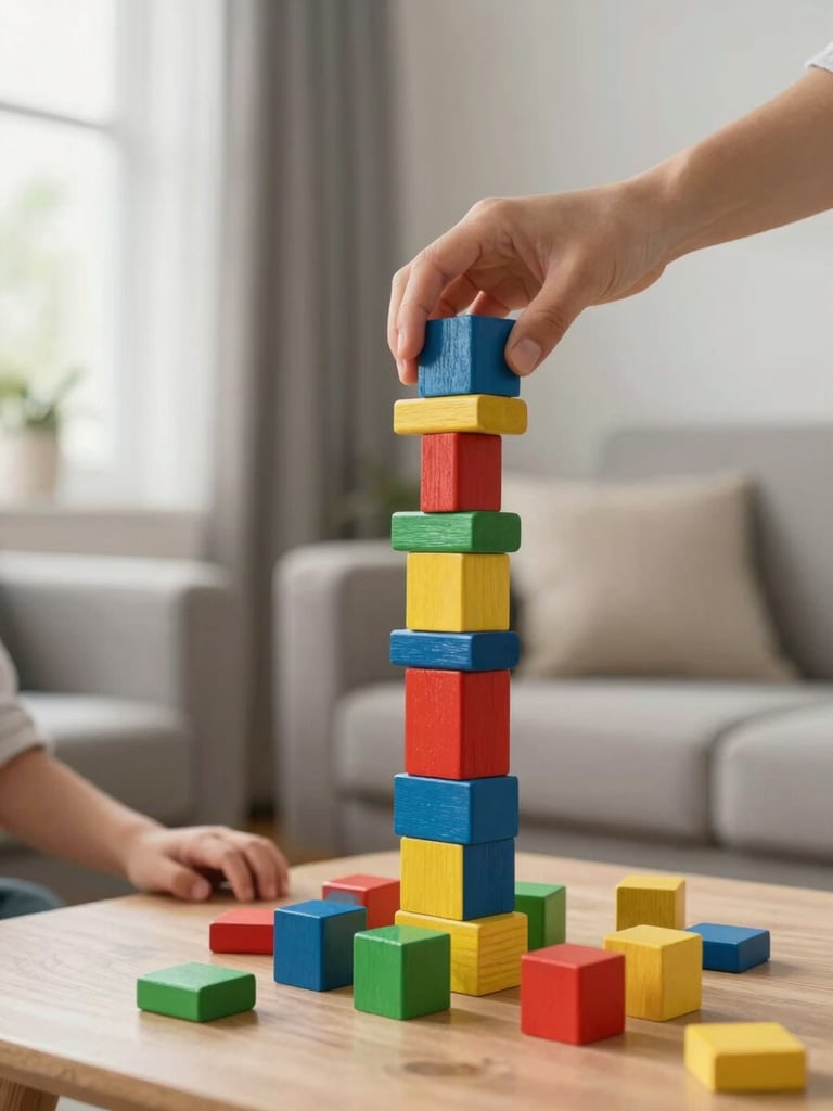 Hands stacking colorful wooden blocks on a low table in a tidy living room, soft daylight from a window to the left, a child's arm reaching in from the edge of the frame