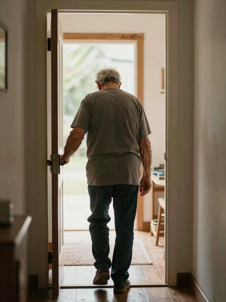 A steadying hand gently guiding an elderly person's arm as they step through a doorway, warm natural light in a quiet home hallway, calm and unhurried moment