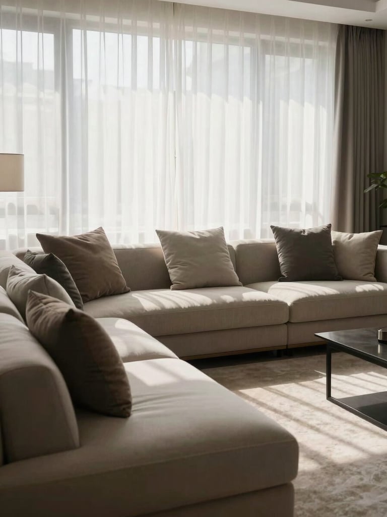 Wide shot of a neatly arranged living room — cushions aligned, surfaces clear, afternoon light streaming through sheer curtains, no people present, quiet order