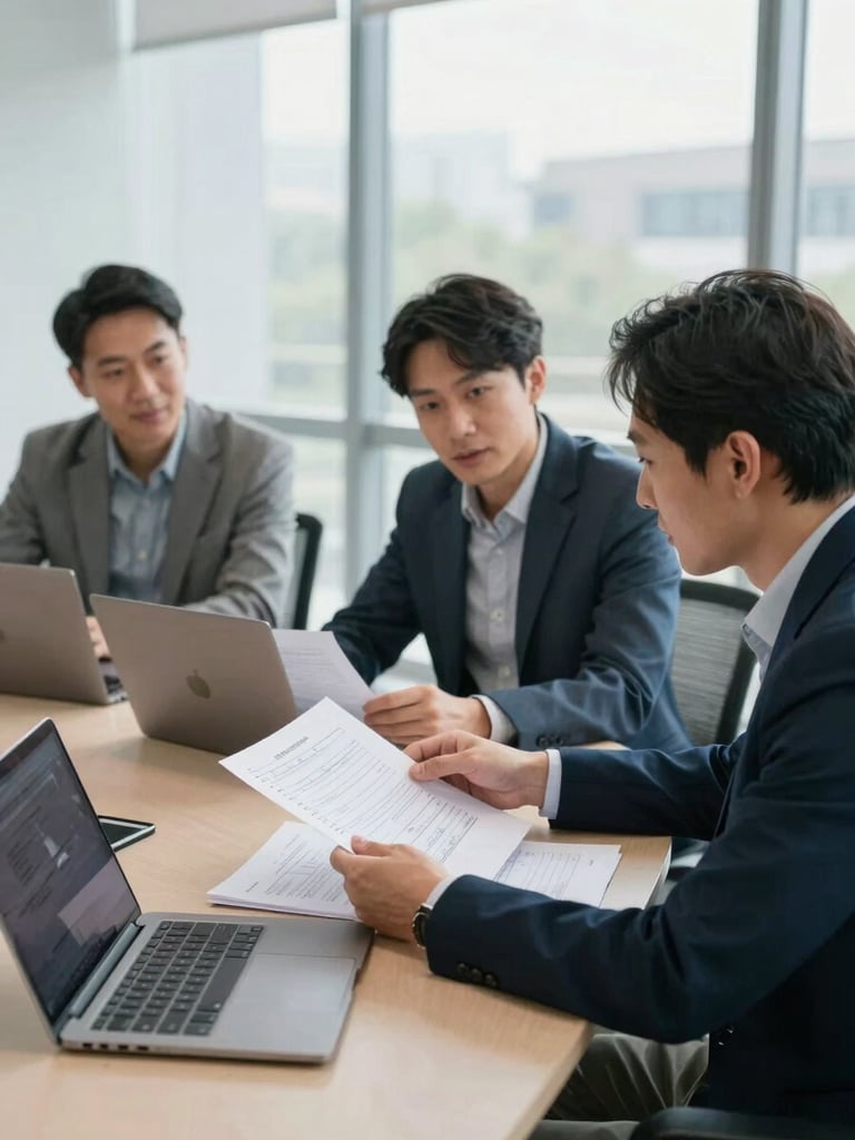 Medium shot of three engineers around a conference table in a working office, reviewing printed technical specifications with marked-up margins, daylight from large windows, laptops and binders in frame, no posed smiling