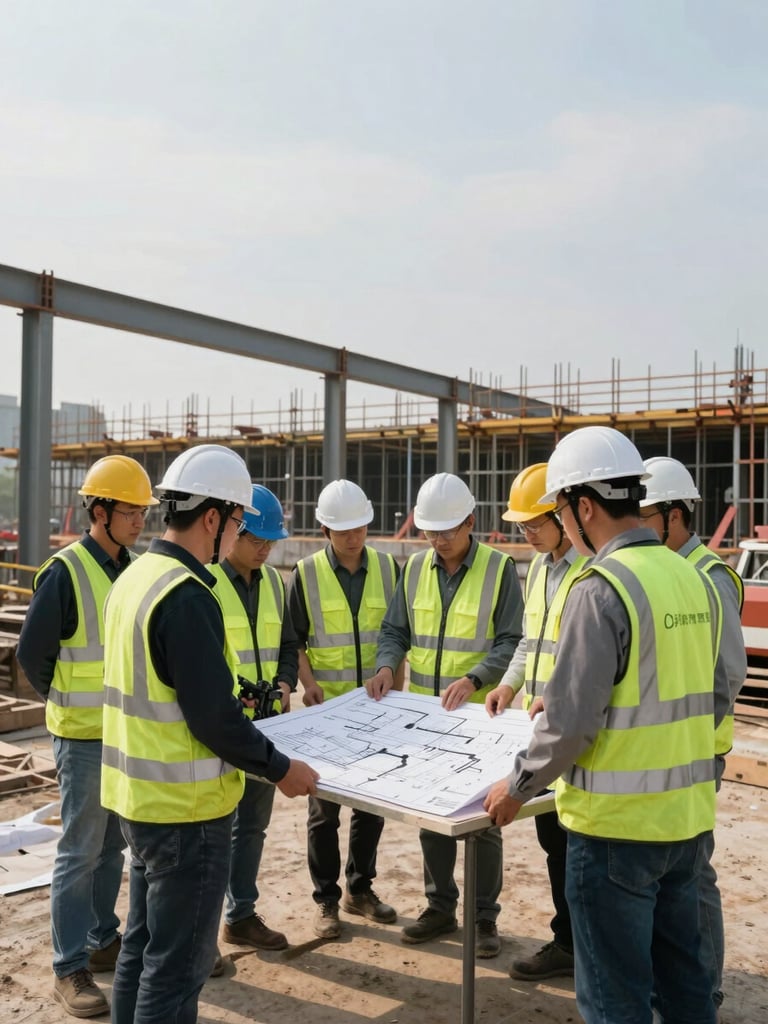 Environmental wide shot of a construction site at mid-morning, a small group of engineers in safety gear gathered around a site plan laid on a temporary table, structural steel framing visible behind them, natural overcast daylight