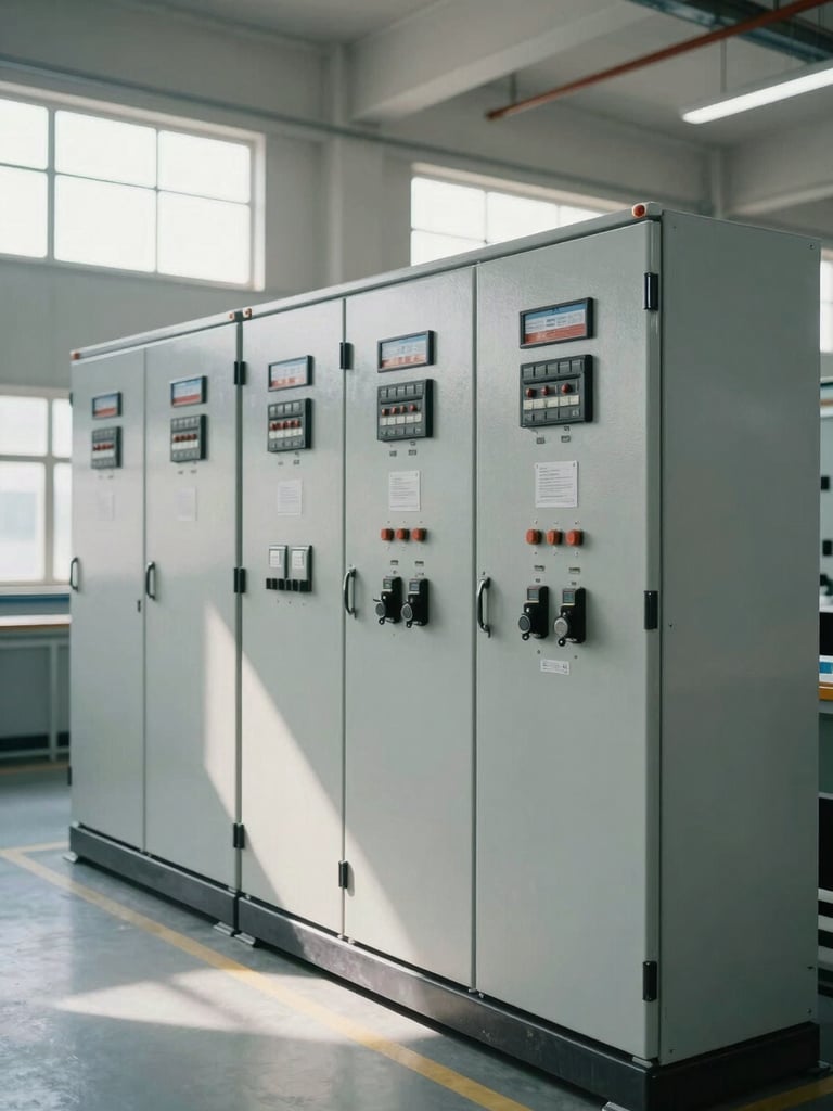 Medium shot of heavy industrial electrical switchgear and control panels arranged in a clean facility bay, natural light entering from high windows, equipment nameplates and conduit routing visible, no people