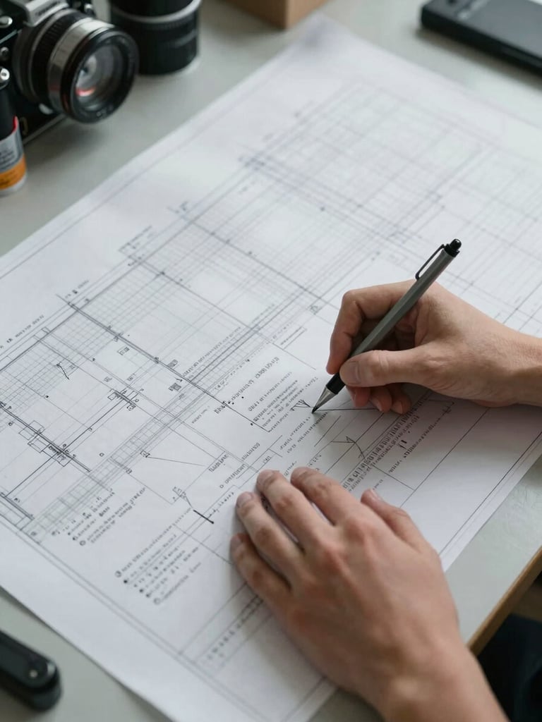 Overhead tight shot of large-format engineering blueprints spread across a drafting table, a pair of hands marking annotations with a mechanical pencil under diffuse office daylight, ruled grids and specification callouts visible