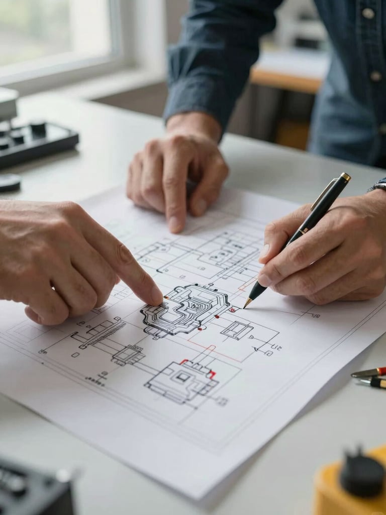 Close-up of two engineers' hands cross-referencing a mechanical drawing and an electrical single-line diagram side by side on a wide desk, natural window light from the left, drafting instruments visible at edge of frame
