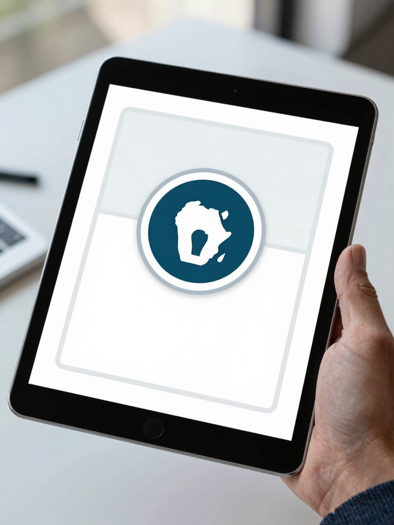 Close-up of a digital tablet showing a secure African certification badge with clean geometric lines, held by a professional in a modern workspace, natural daylight.
