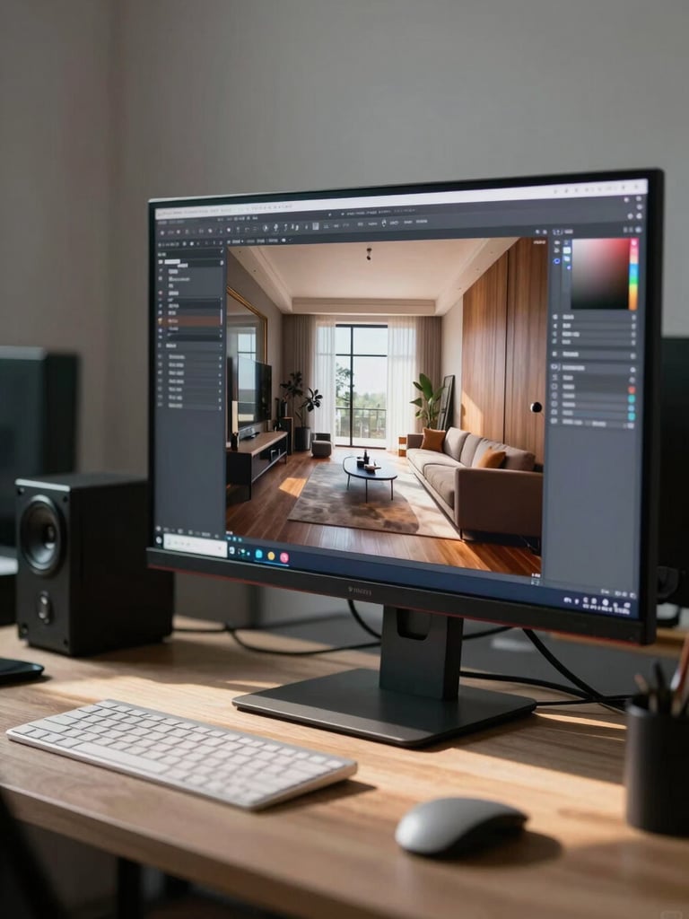 Wide-angle studio workstation from the left side, a large calibrated monitor displaying a high-resolution architectural interior render in progress — warm materials visible on screen, cool north-facing daylight falling across the desk surface, shallow depth of field separating the screen from the blurred background equipment