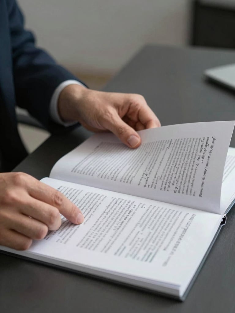 Close-up of an analyst's hands turning pages of a printed regulatory document on a dark desk under cool overhead studio lighting, a second document with annotated margin notes partially visible to the right, neutral background out of focus