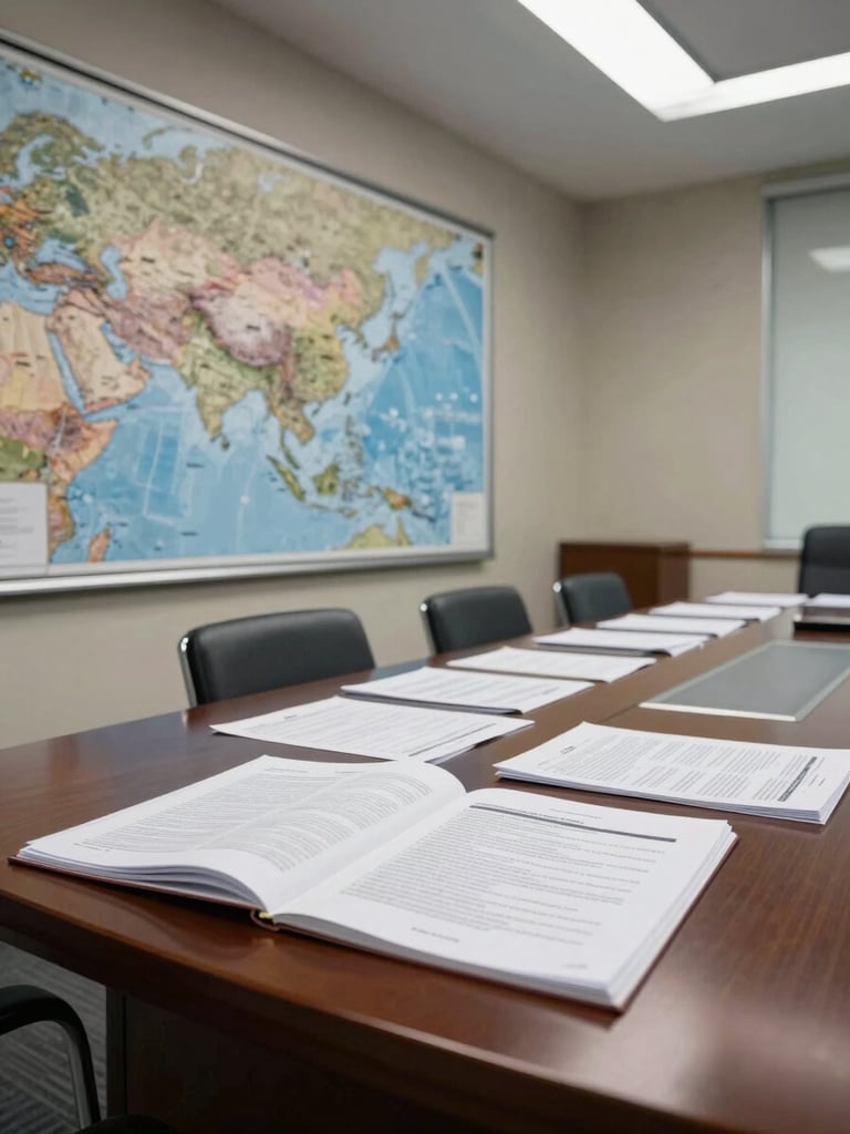 Wide environmental shot of an executive briefing room, left-side framing — a large wall-mounted map of the Asia-Pacific region visible in background, a polished table bearing open intelligence documents and printed analytical reports, cool overhead studio lighting casting clean shadows across the materials, no people present, no faces