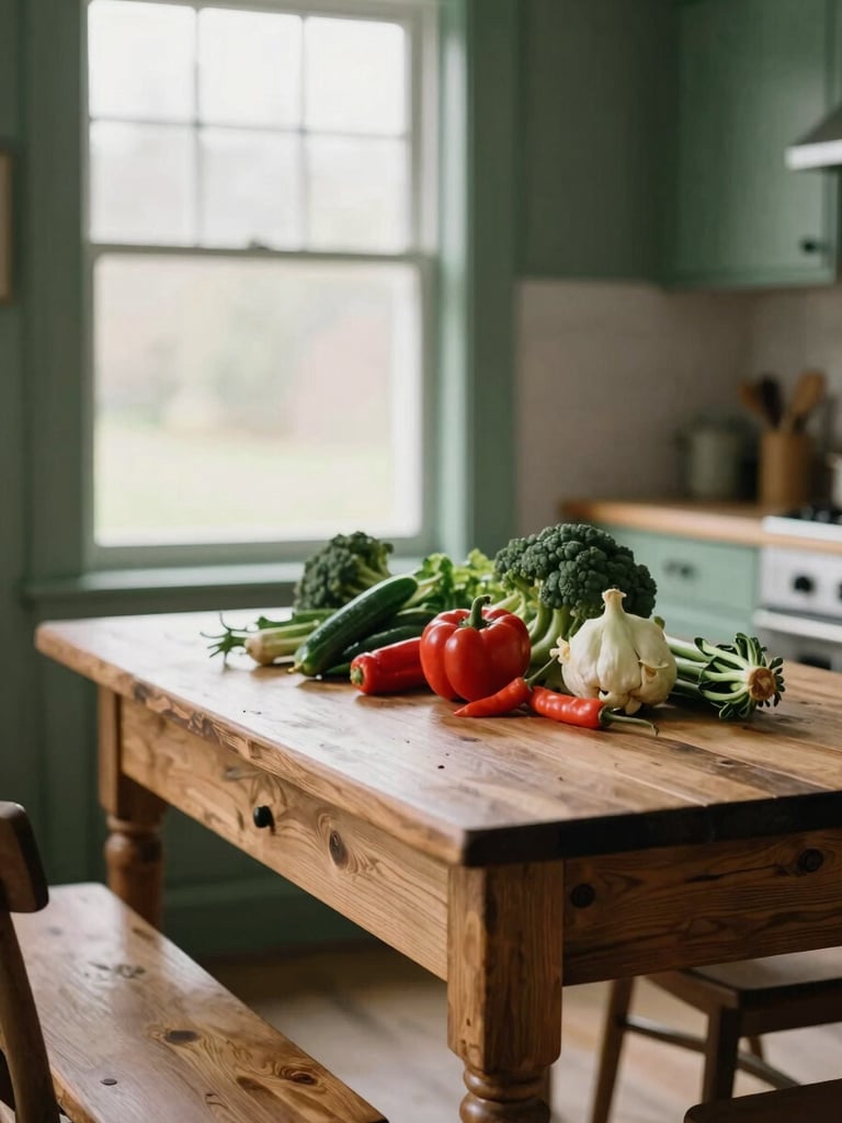 Cozy Scandinavian-style farmhouse kitchen table with raw seasonal vegetables, soft morning light filtering through a window, matte forest green accents.