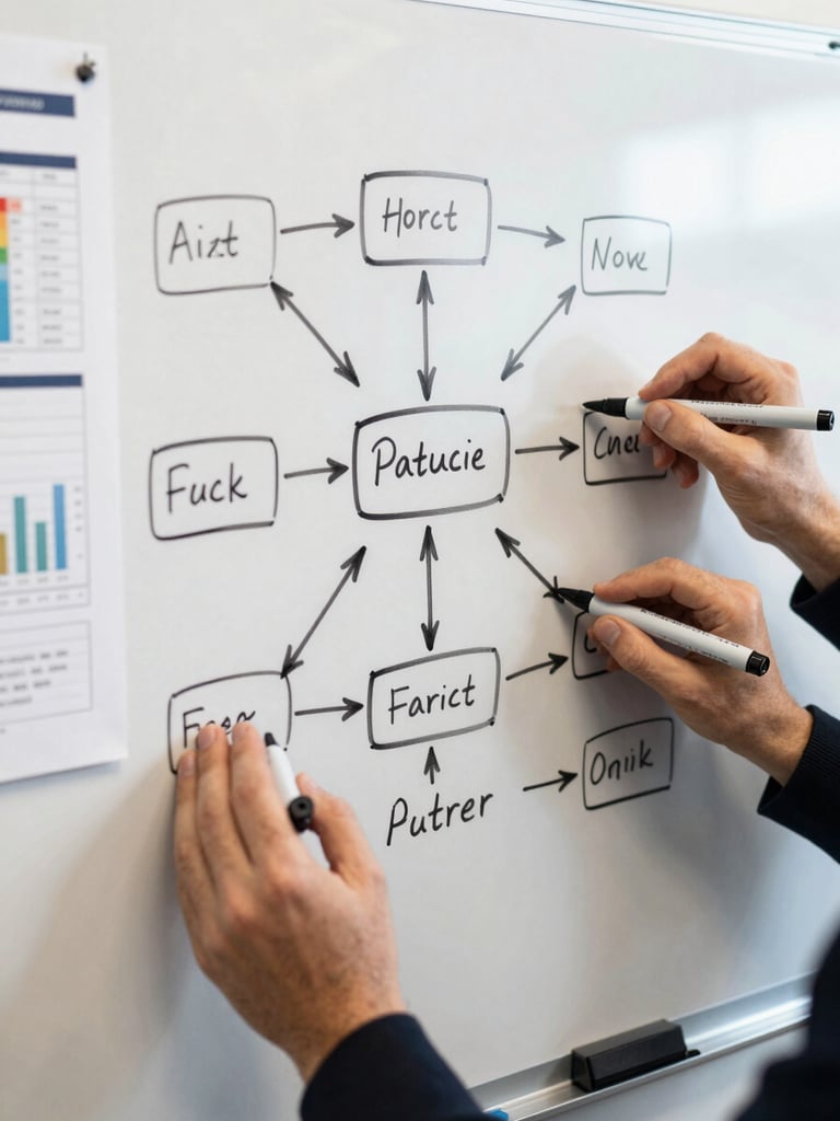 Close overhead shot of a whiteboard covered in handwritten strategic framework arrows and phase labels, two sets of hands visible holding markers mid-session, a printed analytics report pinned to the left edge, bright studio lighting, clean and focused workspace