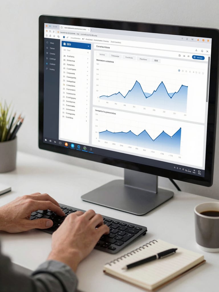 Tight shot of hands scrolling through an SEO analytics dashboard on a large monitor, keyword ranking charts and traffic trend graphs clearly visible, clean office desk with a notebook and coffee cup in soft focus, bright consistent studio lighting, organized professional workspace