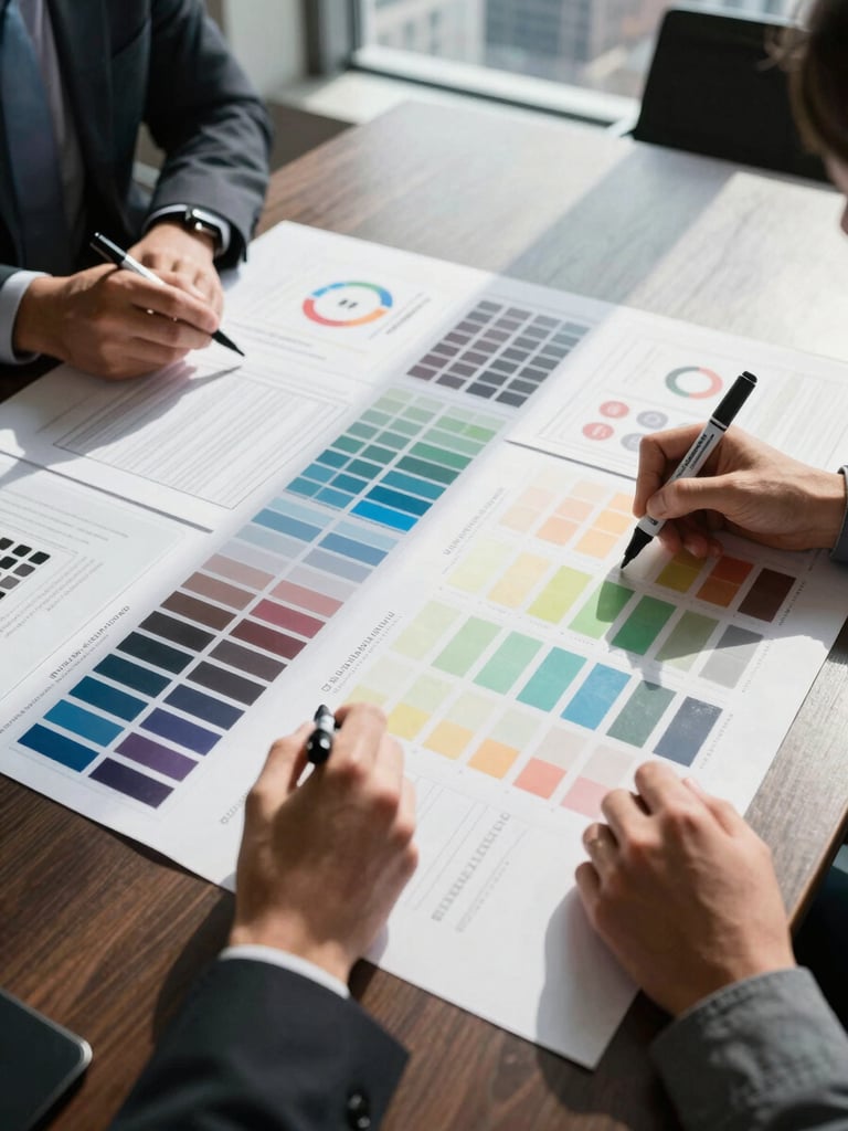 Close overhead shot of a brand strategy session, large printed mood boards and color swatches spread across a conference table, two sets of hands annotating with markers, bright natural daylight from a side window, Chicago skyline faintly visible through glass in the background
