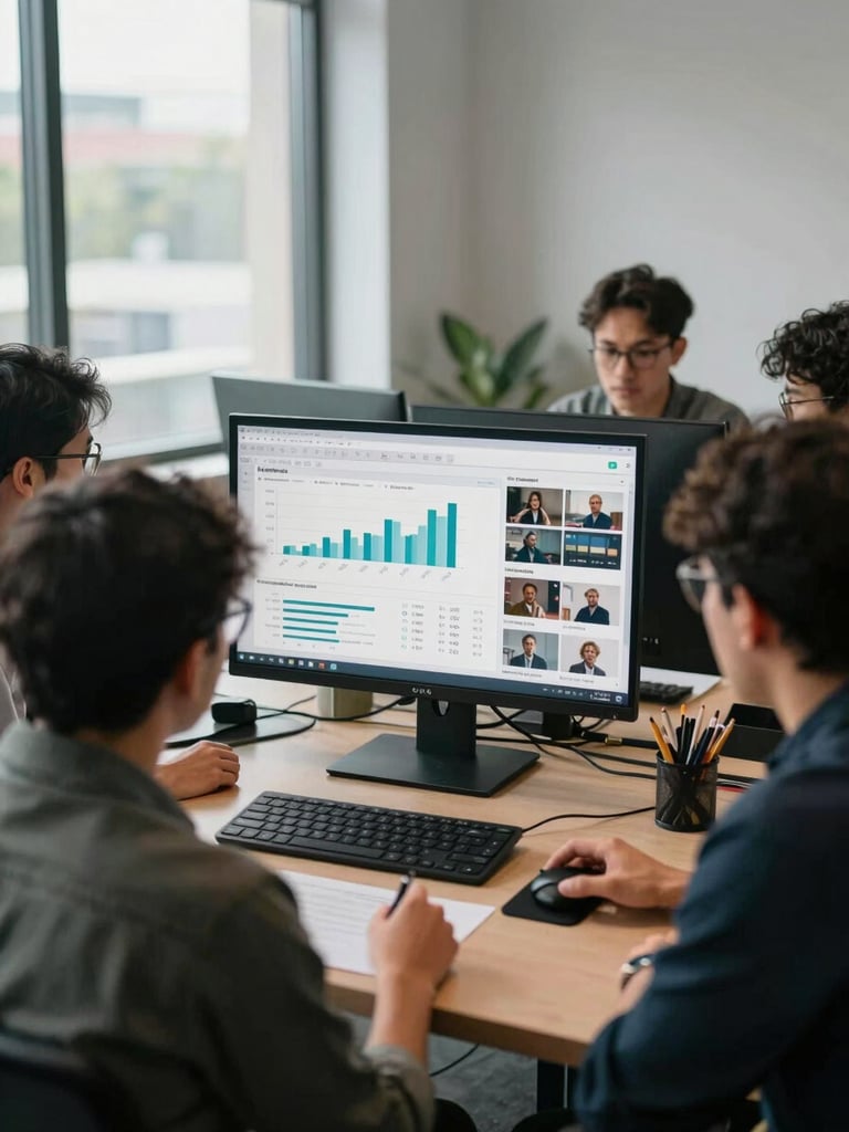 Wide environmental shot of a small marketing team gathered around a monitor displaying social media campaign performance dashboards, engagement rate graphs and ad creative thumbnails on screen, natural daylight from a large office window to the left, collaborative working atmosphere, focused and professional