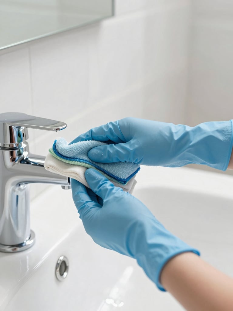 A close-up of a professional cleaner's hands in neat gloves polishing high-end bathroom fixtures, bright daylight, sparkling details, 35mm
