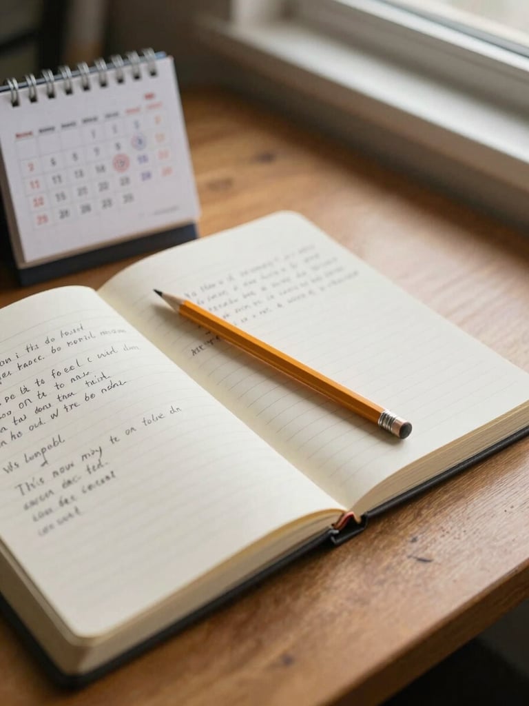 Close overhead view of a wooden desk surface — an open notebook with handwritten content notes, a pencil resting across the page, a small printed calendar with seasonal dates circled, warm north-facing window light casting soft shadows, documentary style, no people visible