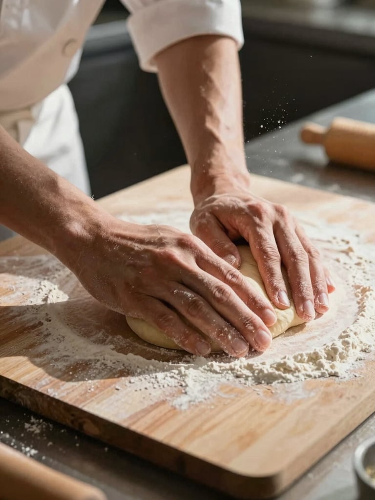 Extreme close-up of a chef's hands pressing dough against a floured prep board, shot from slightly above, warm north-facing window light falling across the work surface, flour dust visible in the air above the board, shadows deep and unretouched, no styled styling