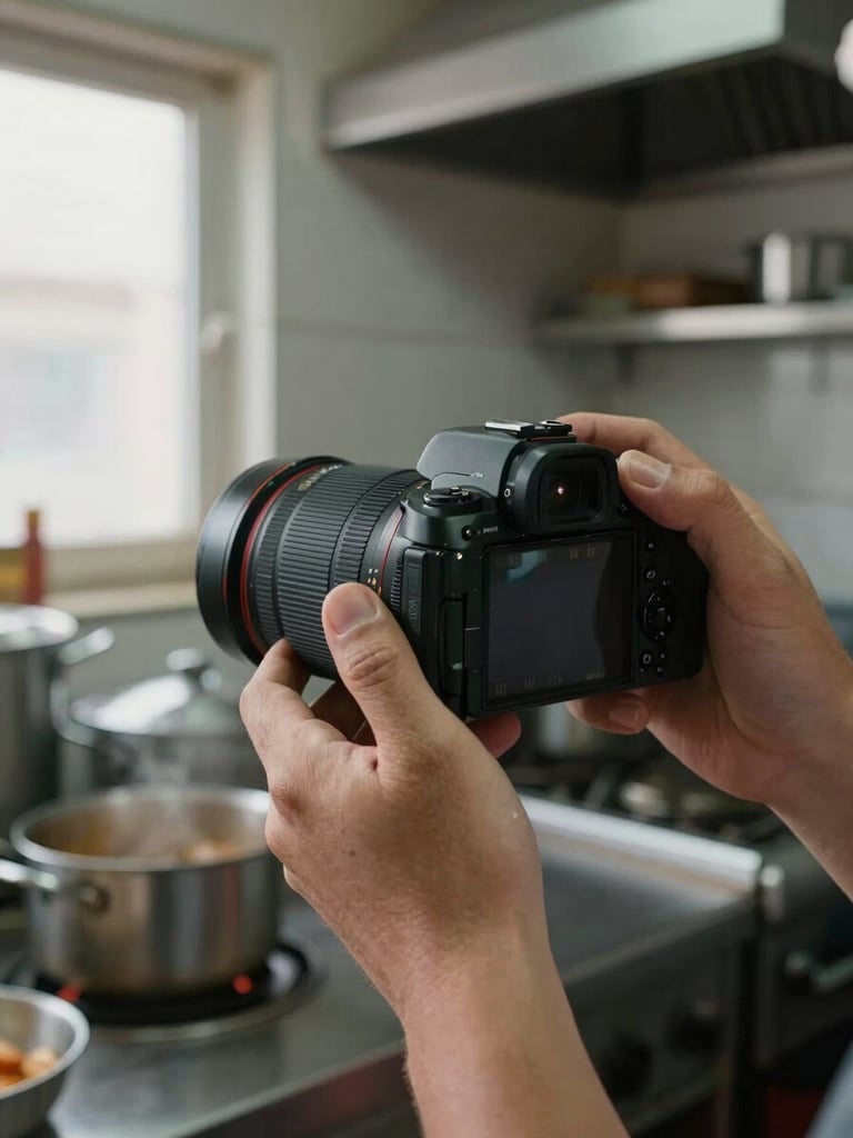 Extreme close-up of hands holding a handheld camera, slightly worn, shooting inside a small restaurant kitchen during early morning prep — ambient daylight from a side window, motion blur on the background pots, documentary framing, no studio lighting