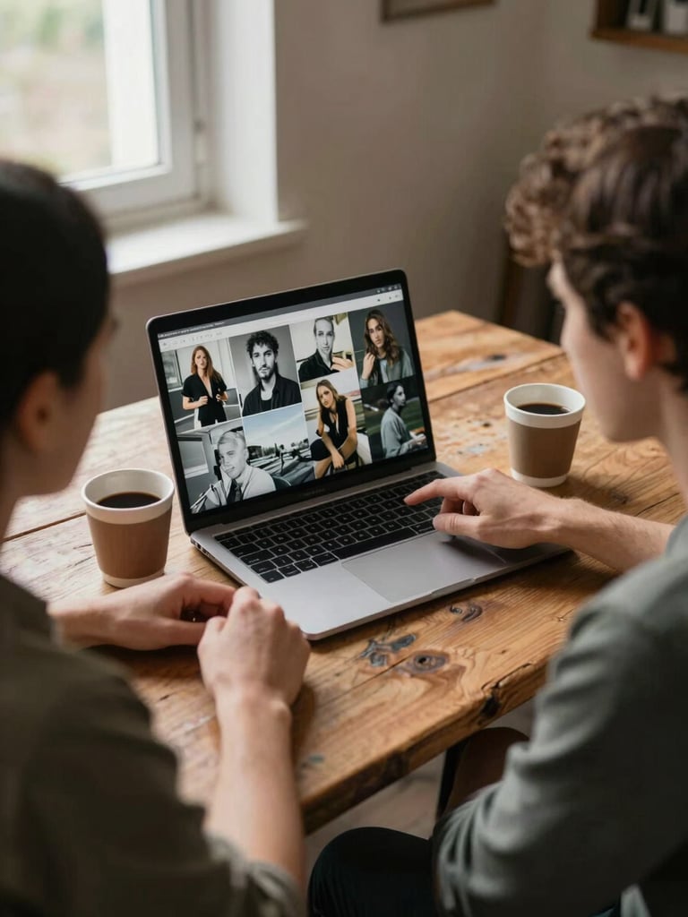 Two people sitting side by side at a rough wooden table, reviewing images on an open laptop screen — one pointing at the display, a coffee cup beside them, warm natural daylight from a window to the left, shot from slightly above showing hands and screen, no posed smiles, documentary candid