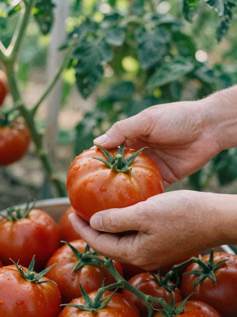 Close-up of hands harvesting ripe tomatoes in a field, sun-drenched, with a blurred background of green foliage and a farmer, natural light, matte finish, 35mm film.
