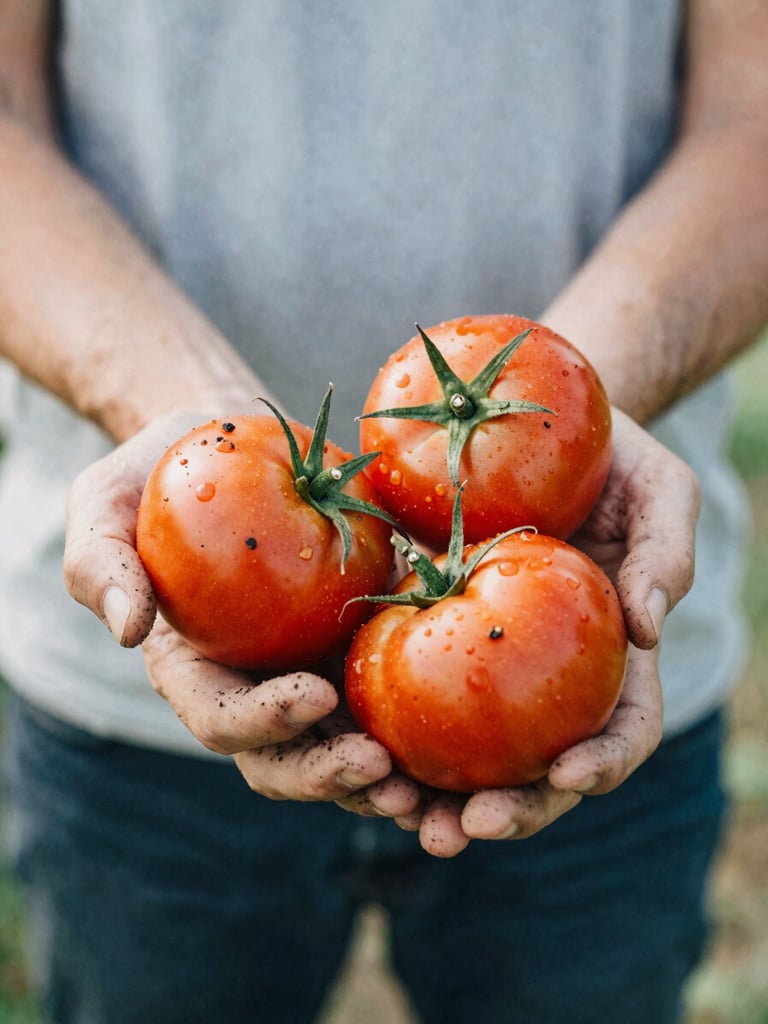 Close-up of farmer's hands holding freshly harvested heirloom tomatoes with soil residue, warm natural daylight, shallow depth of field, 35mm film look.
