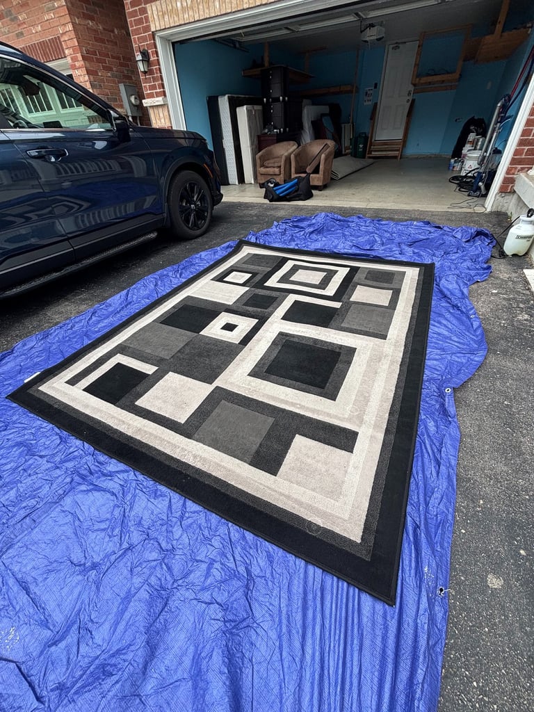 Black and white rug being professionally cleaned on an external work area.