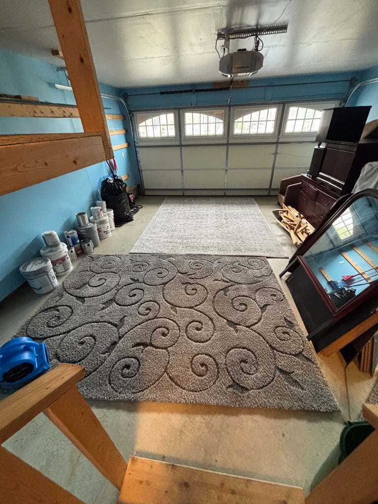 Two cleaned area rugs drying side-by-side in a garage.