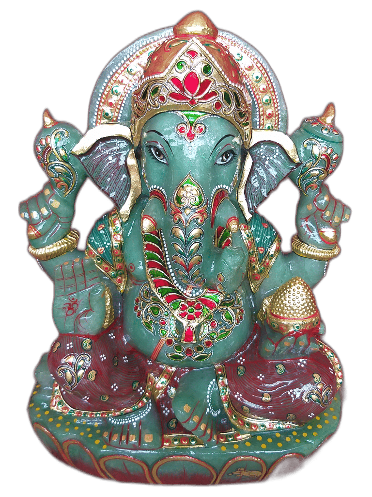 Carved and Handpainted Jade Ganesha Statue, Gemstone Ganesha idol