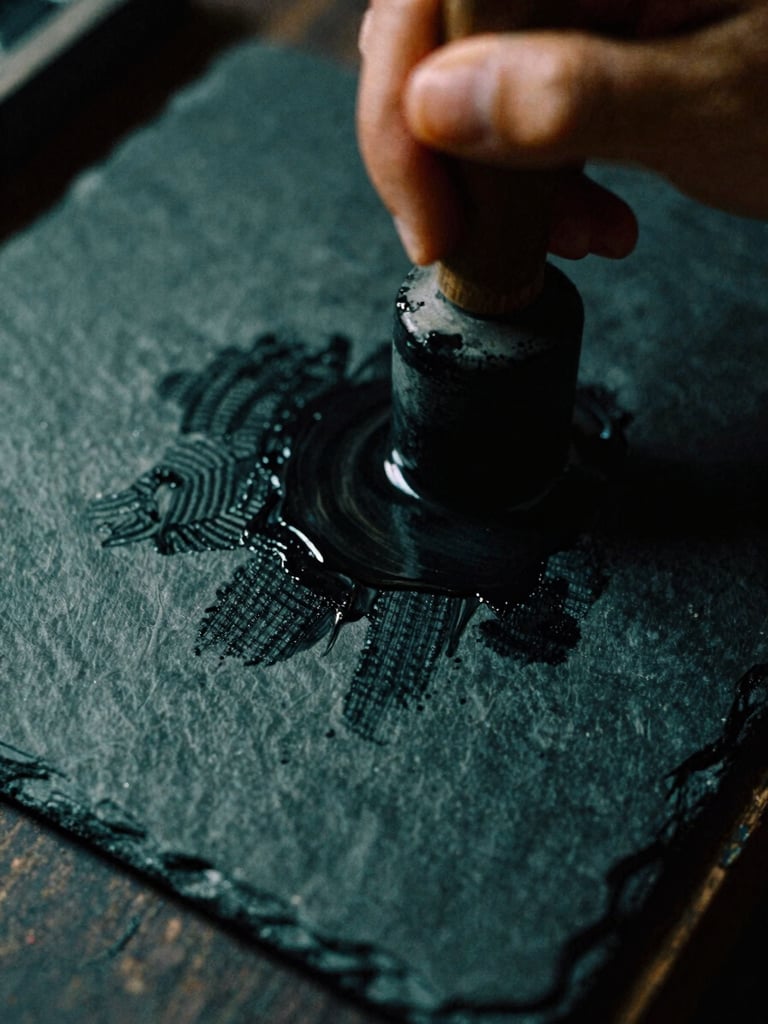 Moody analog photography of black sumi ink grinding on a stone slate, dark green atmospheric lighting, high-contrast rich tones, 35mm