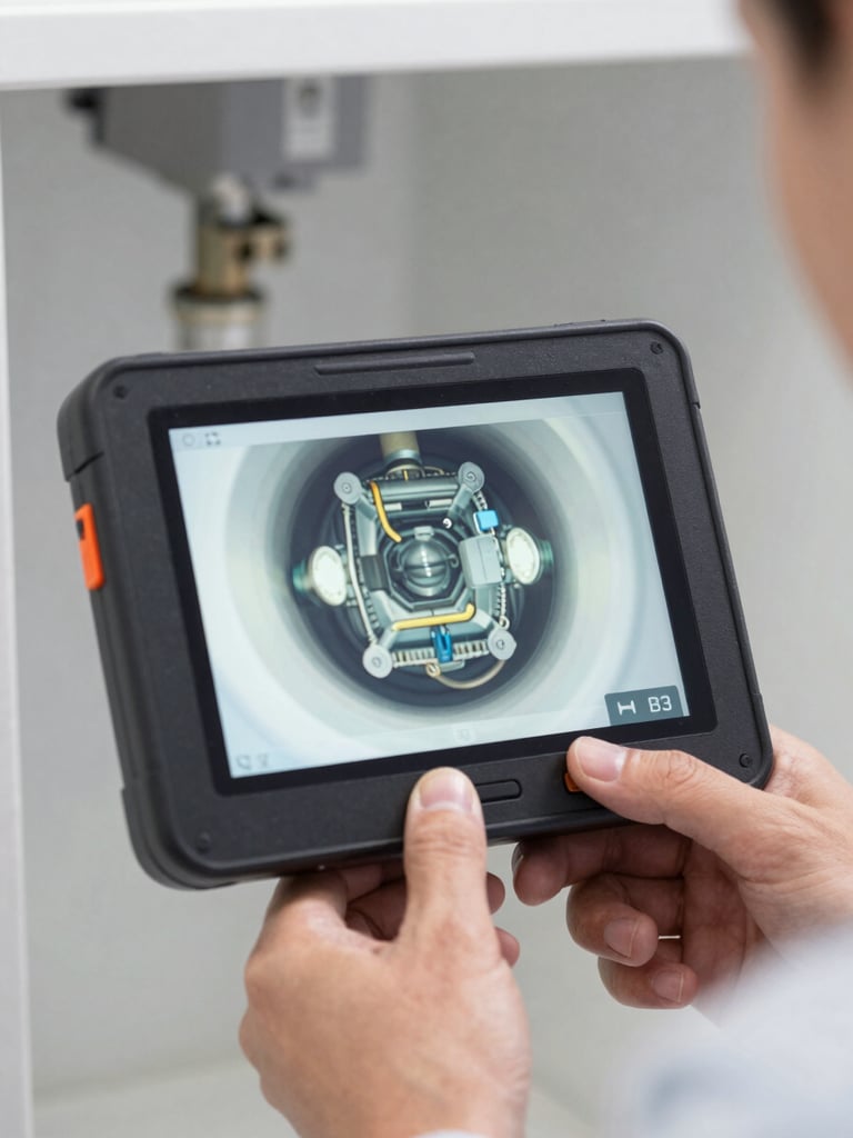 Close-up of a modern plumbing diagnostic camera screen showing clear pipe interior, crisp high-visibility work lights, professional technician hands adjusting settings