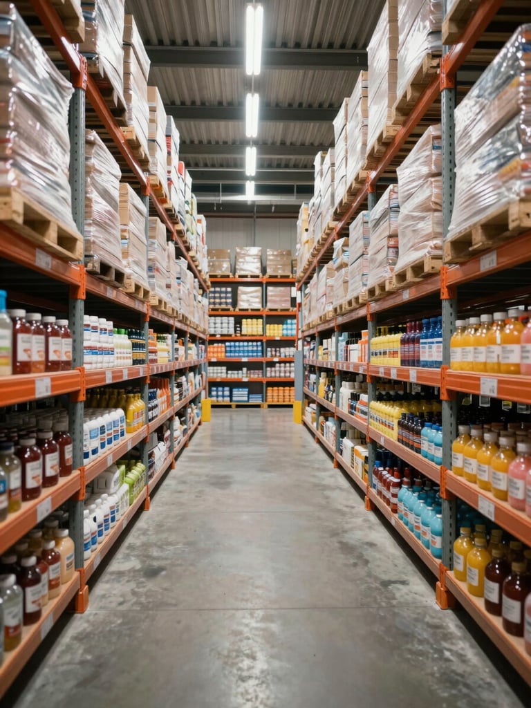 Straight-on wide shot of a commercial warehouse aisle, floor-to-ceiling shelving stocked with uniformly packaged essential goods under bright even fluorescent light, product labels clearly visible, no people, neutral concrete floor