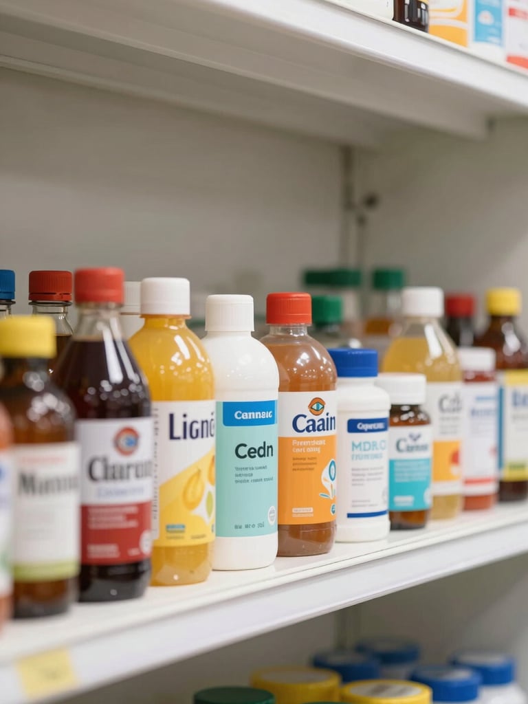 Straight-on studio shot of a dense row of essential goods — bottles, containers, and packaged products lined up on a clean white shelf, bright even lighting, sharp product edges, near-white background with subtle shadow at base